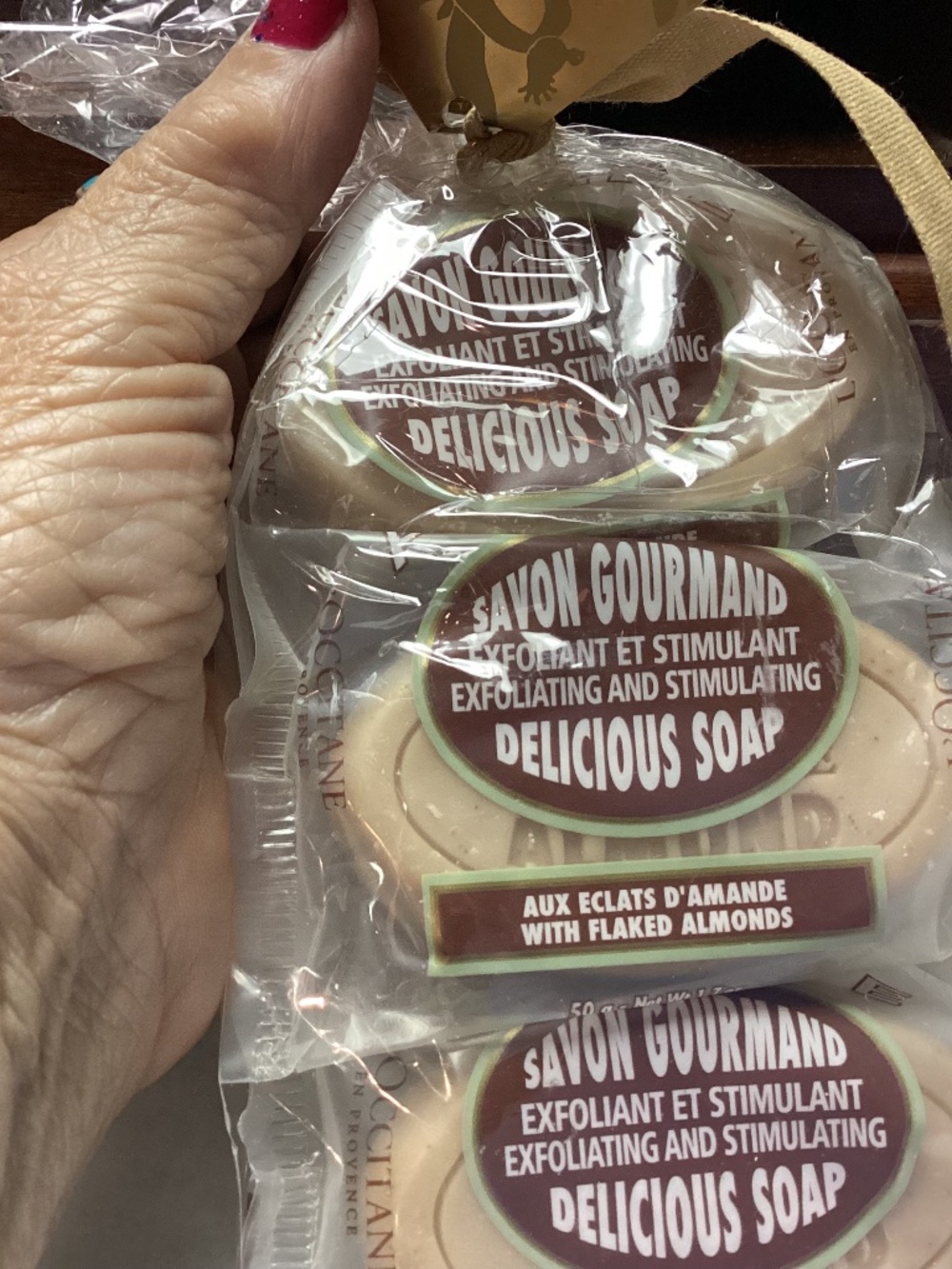 SAVON GOURMAND soaps three total with flaked almonds, exfoliating stimulating